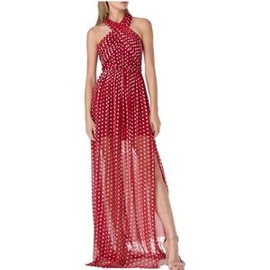 MONIQUE LHUILLIER RED POLKA DOT PLEATED MAXI DRESS, 2